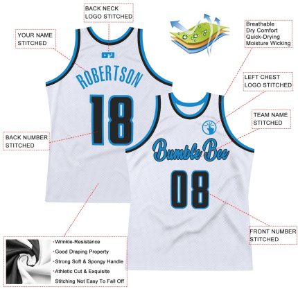 Custom Authentic Basketball Jersey with Personalized Name and Number - White Black-Blue Throwback Design Personalized White
