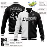 Custom Name and Number Split Bomber Varsity Jacket in White and Black, Personalized Full-Snap Fashion Jacket Personalized