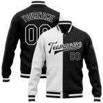 Custom Name and Number Split Bomber Varsity Jacket in White and Black, Personalized Full-Snap Fashion Jacket Personalized