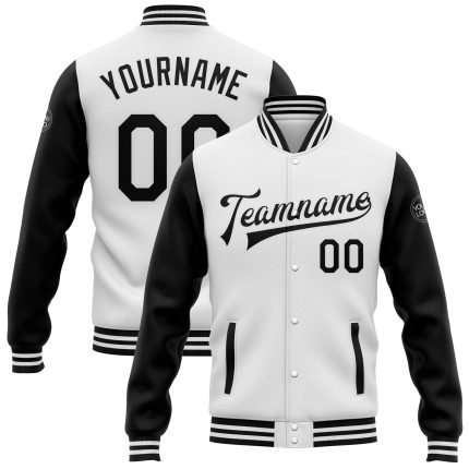 Personalized Two Tone Varsity Letterman Bomber Jacket - White Black Full-Snap Design Personalized White Black Bomber Full-Snap