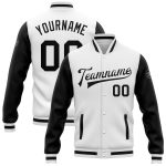 Custom Name and Number Two Tone Bomber Varsity Letterman Jacket - Personalized White Black Full-Snap Team Jacket Personalized