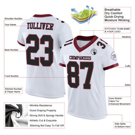 Custom Authentic Football Jersey - Personalized Black Burgundy Mesh with Name and Number - Team Apparel Personalized White