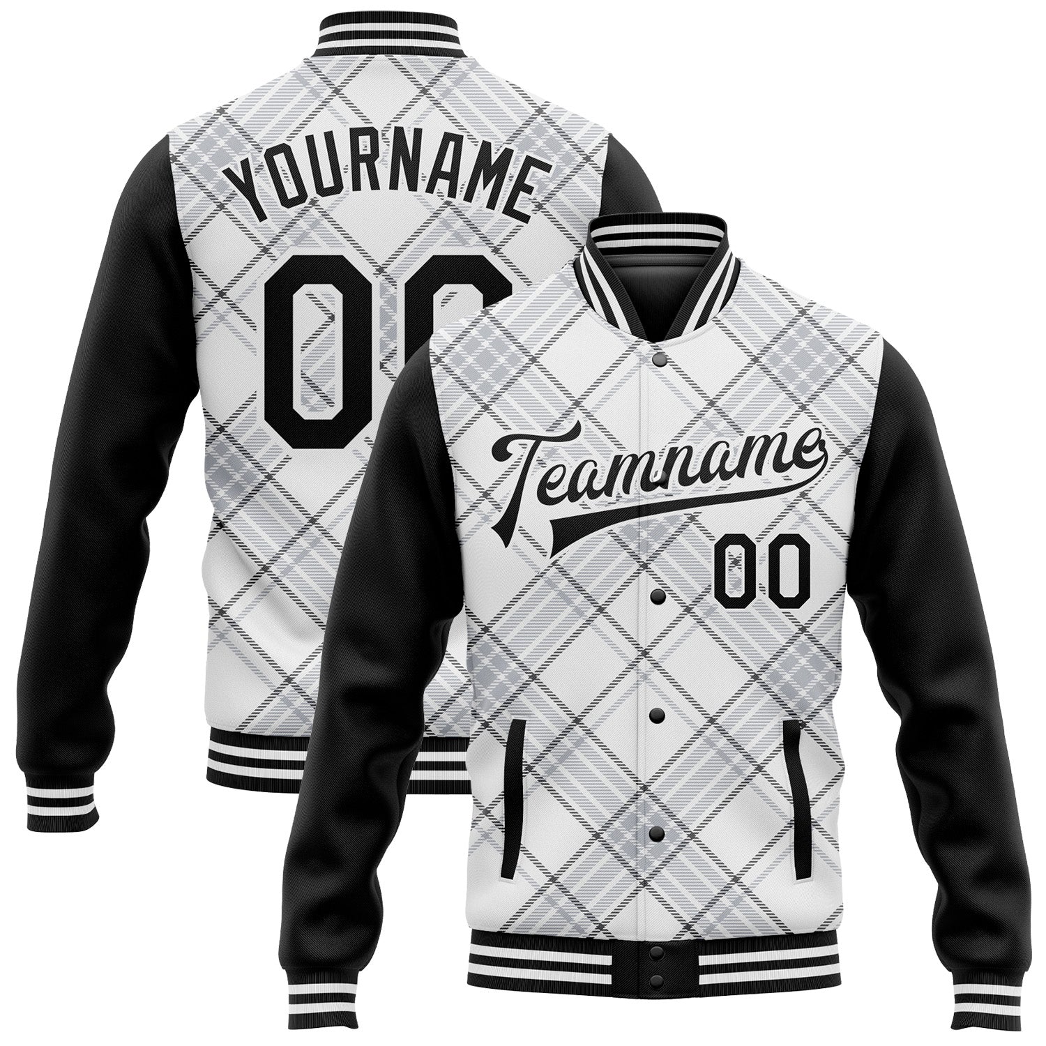 Personalized 3D Pattern Bomber Varsity Jacket Black White Check Full-Snap Design Personalized White Black Check Board 3D