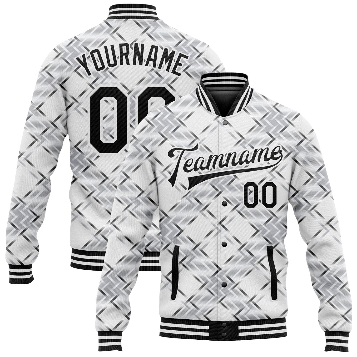 Custom Name Number Varsity Letterman Jacket 3D Pattern Bomber Personalized White Black Check Design Full-Snap Jacket Personalized