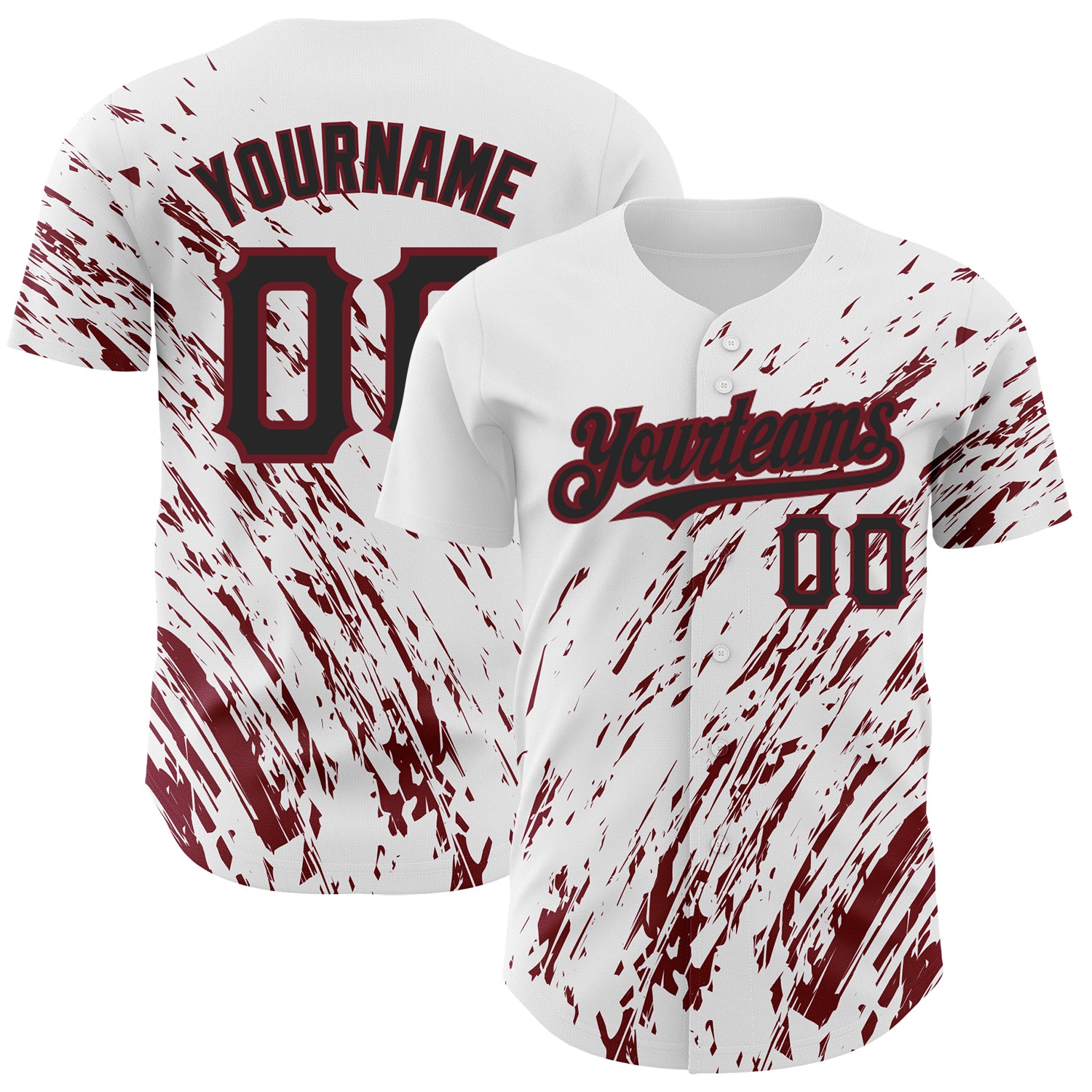 Customizable Abstract Splash 3D Pattern Baseball Jersey in White, Black, and Crimson - Personalize with Name and Number Personalized