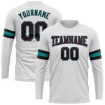 Custom Team Name and Number Long Sleeve Performance T-Shirt - Personalized White Black Crimson-Aqua Design Personalized White