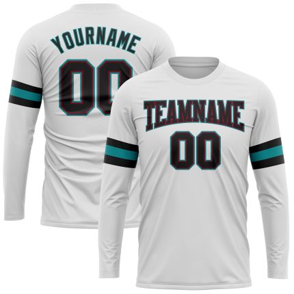 Custom Team Name and Number Long Sleeve Performance T-Shirt - Personalized White Black Crimson-Aqua Design Personalized White