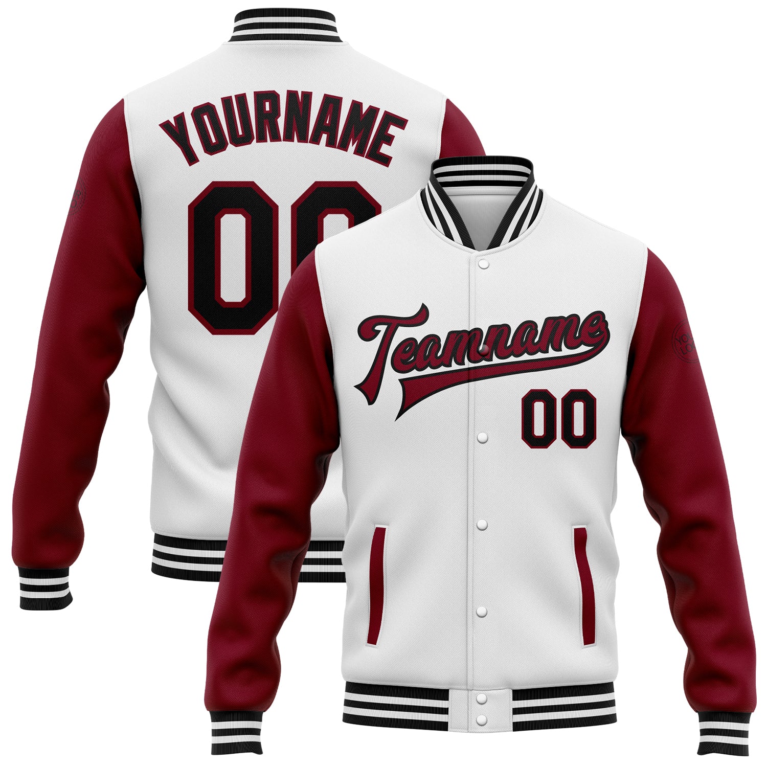 Custom Team Name Number Varsity Letterman Bomber Jacket Two Tone White Black Crimson Full-Snap Personalized White Black-Crimson