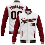 Custom Team Name Number Two Tone Varsity Letterman Jacket White Black Crimson Cream Full-Snap Bomber Personalized White Black