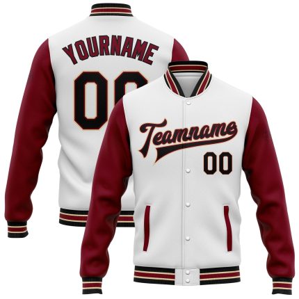 Custom Team Name Number Two Tone Varsity Letterman Jacket White Black Crimson Cream Full-Snap Bomber Personalized White Black