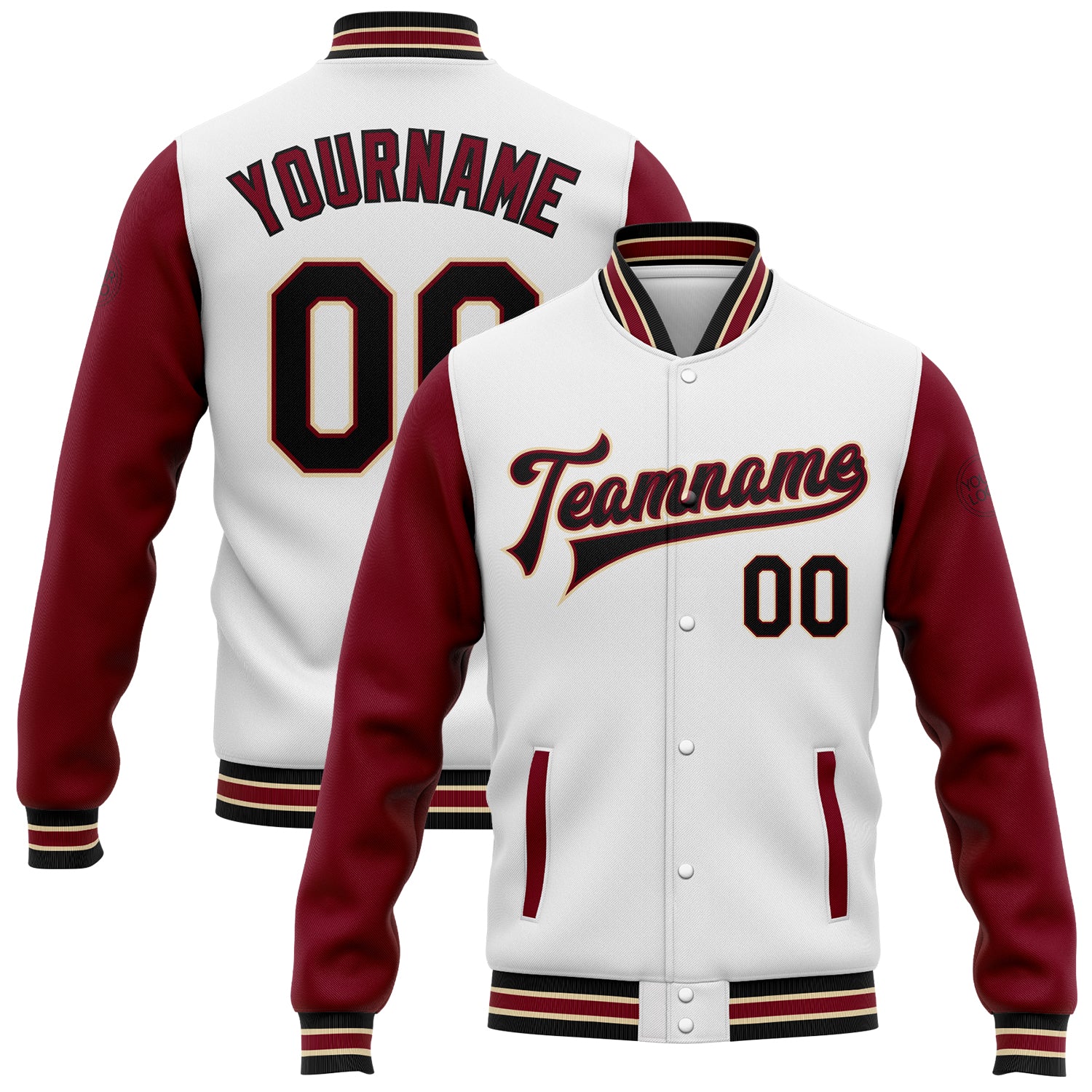 Custom Team Name Number Two Tone Varsity Letterman Jacket White Black Crimson Cream Full-Snap Bomber Personalized White Black
