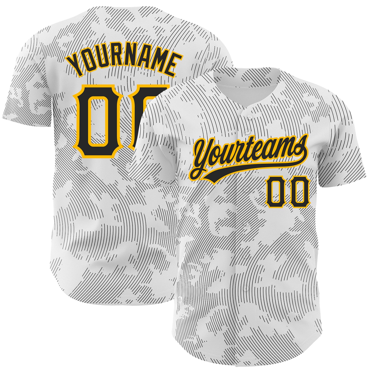 Customizable Baseball Jersey with 3D Black Gold Curve Lines, Personalized with Name and Number, Authentic Design. Personalized