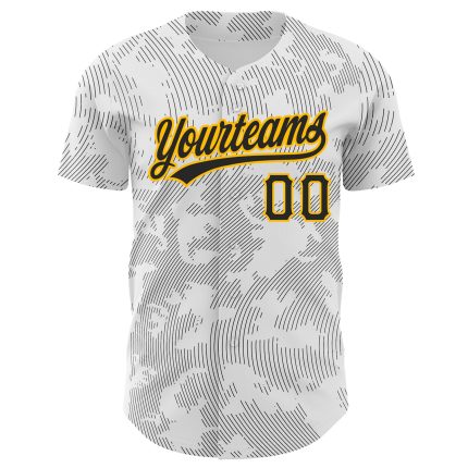 Customizable Baseball Jersey with 3D Black Gold Curve Lines, Personalized with Name and Number, Authentic Design. Personalized
