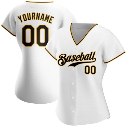Personalized Authentic Baseball Jersey in White Black-Gold Color Personalized White Black-Gold Authentic Baseball Jersey