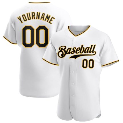 Personalized Authentic Baseball Jersey in White Black-Gold Color Personalized White Black-Gold Authentic Baseball Jersey