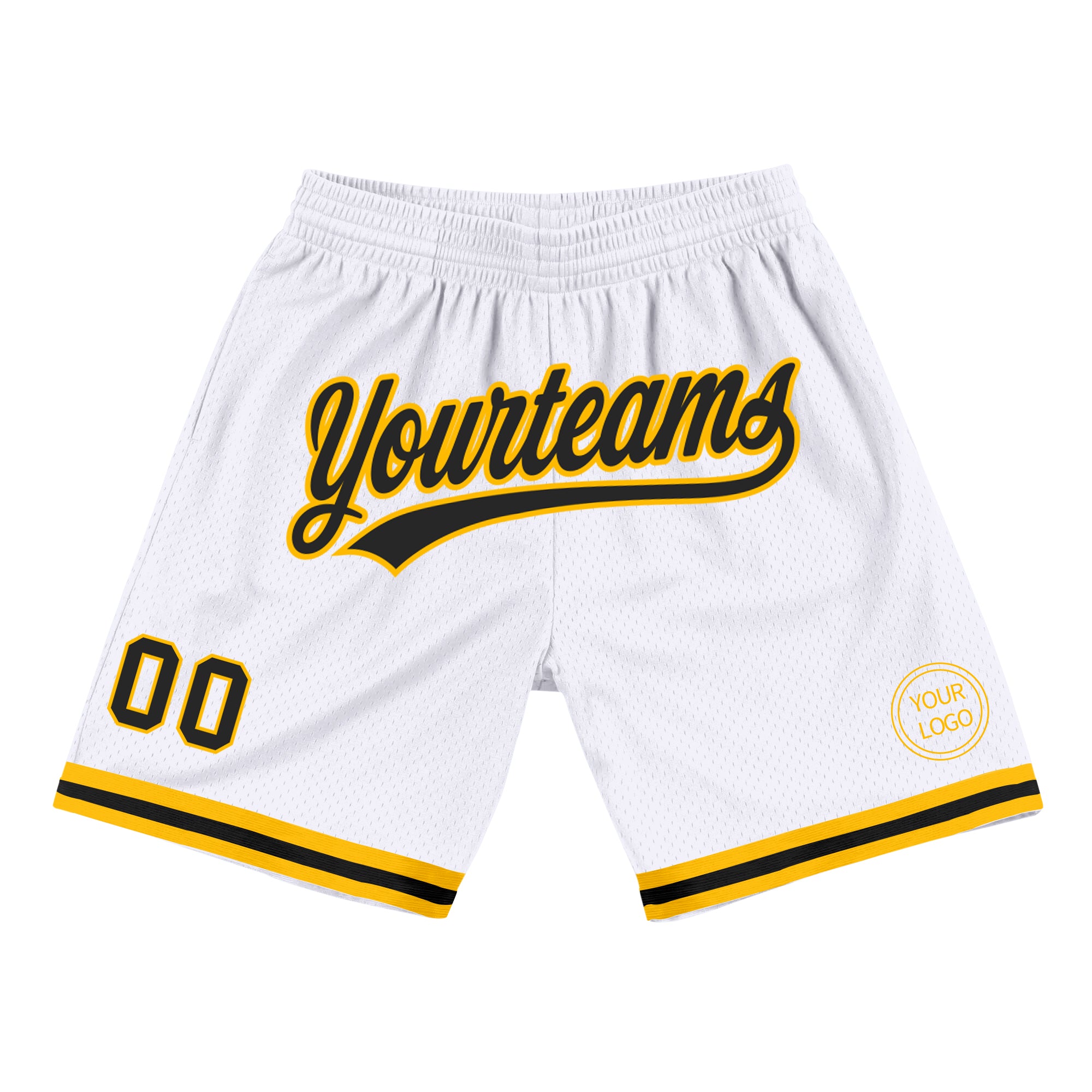 Personalized Authentic Basketball Shorts in White Black-Gold Throwback Style Personalized White Black-Gold Authentic Throwback