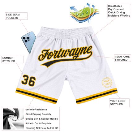 Personalized Authentic Basketball Shorts in White Black-Gold Throwback Style Personalized White Black-Gold Authentic Throwback