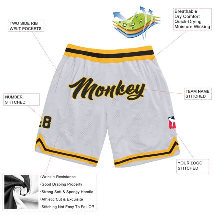Custom Name Number Black Gold White Throwback Basketball Shorts Authentic Team Apparel Personalized White Black-Gold Authentic