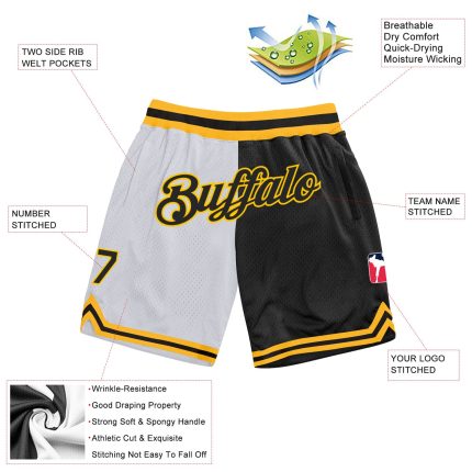 Custom Name Number Authentic Basketball Shorts Personalized White Black Gold Split Fashion Personalized White Black-Gold