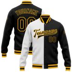 Custom Name Number Varsity Letterman Jacket Black Gold White Bomber Full-Snap Fashion Split Design Personalized White Black-Gold