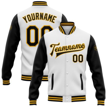 Personalized Black Gold Two Tone Varsity Letterman Bomber Jacket - Full-Snap White Personalized White Black-Gold Bomber Full-Snap