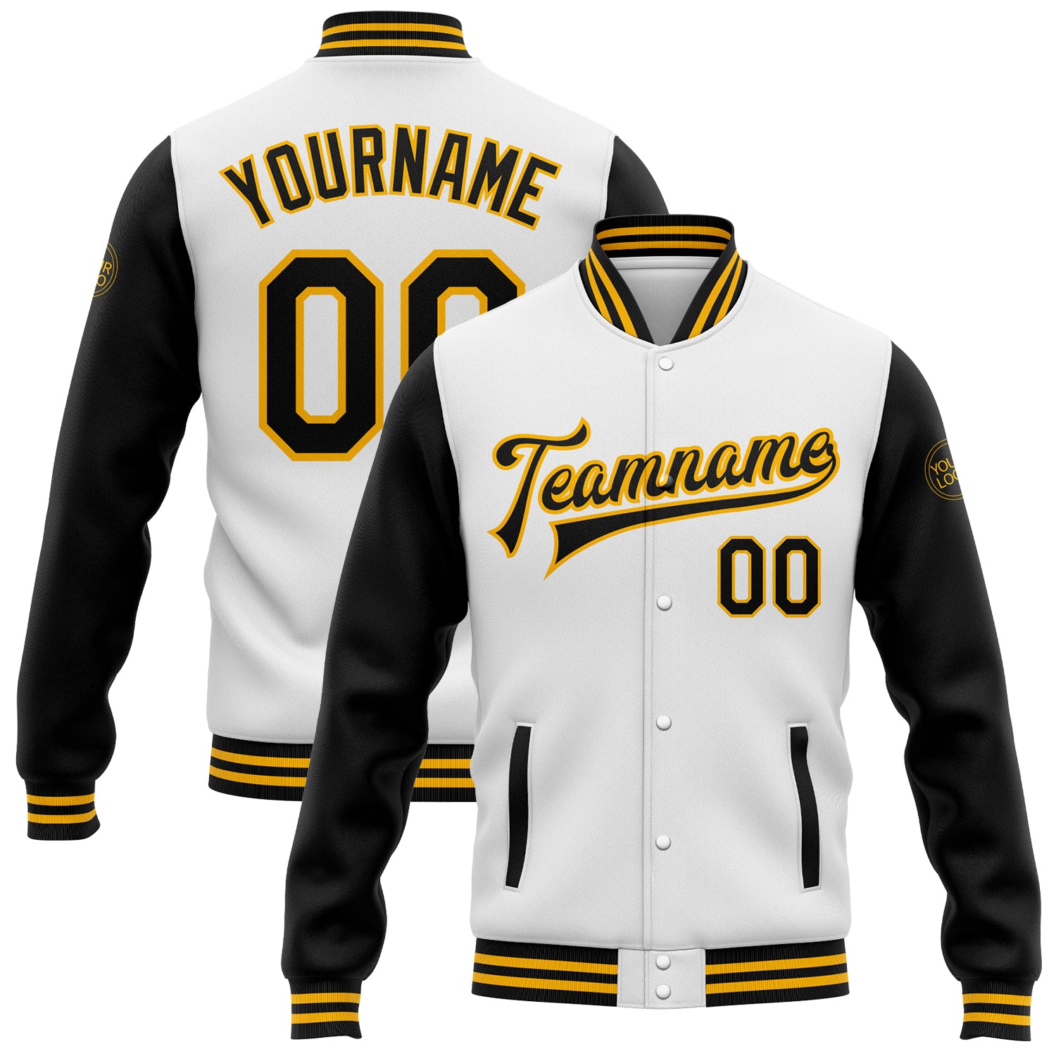 Personalized Black Gold Two Tone Varsity Letterman Bomber Jacket - Full-Snap White Personalized White Black-Gold Bomber Full-Snap
