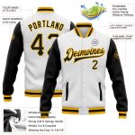 Custom Name Number Varsity Letterman Bomber Jacket Black Gold White Two Tone Full-Snap Design Personalized White Black-Gold