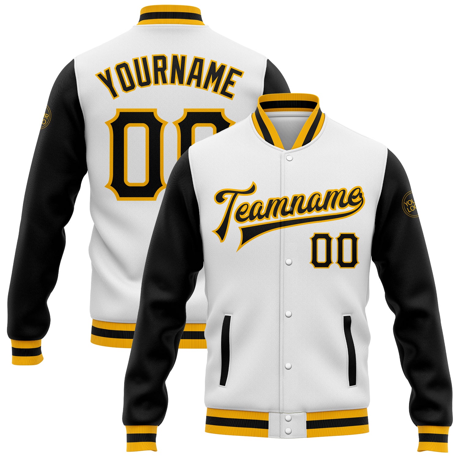 Custom Name Number Varsity Letterman Bomber Jacket Black Gold White Two Tone Full-Snap Design Personalized White Black-Gold