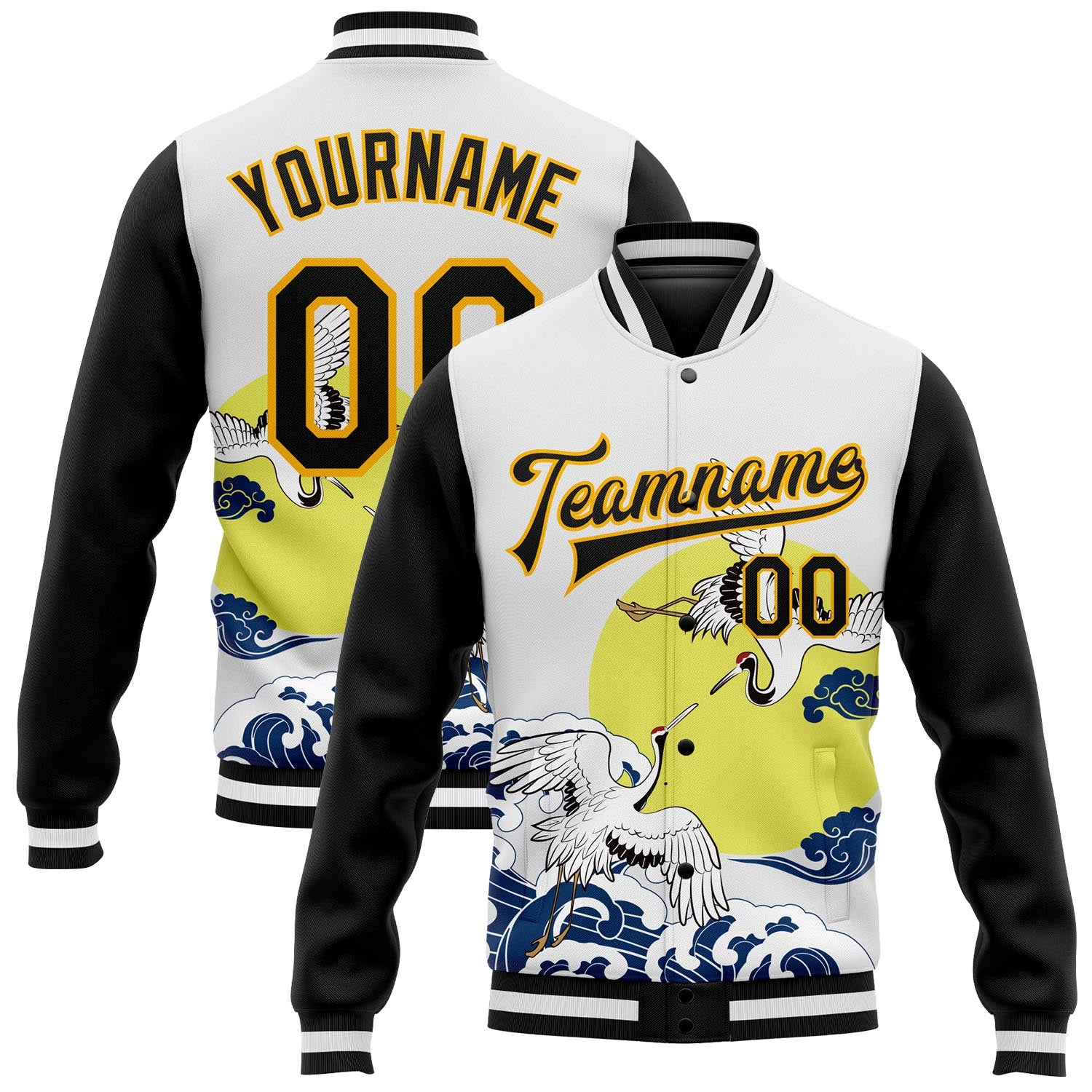 Custom Name & Number Bomber Jacket - White Black-Gold Heron Wave 3D Pattern Varsity Letterman Design Personalized White Black-Gold