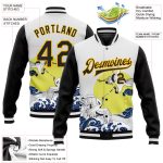 Custom Name & Number Bomber Jacket - White Black-Gold Heron Wave 3D Pattern Varsity Letterman Design Personalized White Black-Gold