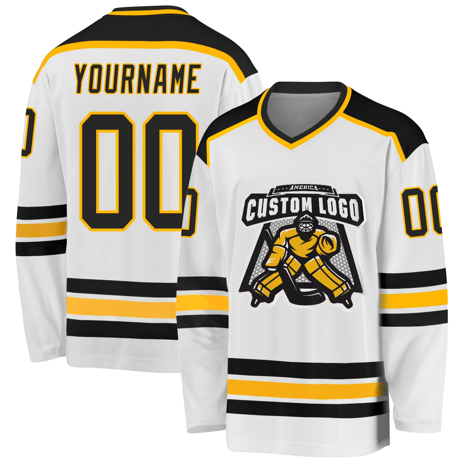 Personalized Hockey Jersey in White and Black-Gold - Custom Team Apparel Personalized White Black-Gold Hockey Jersey