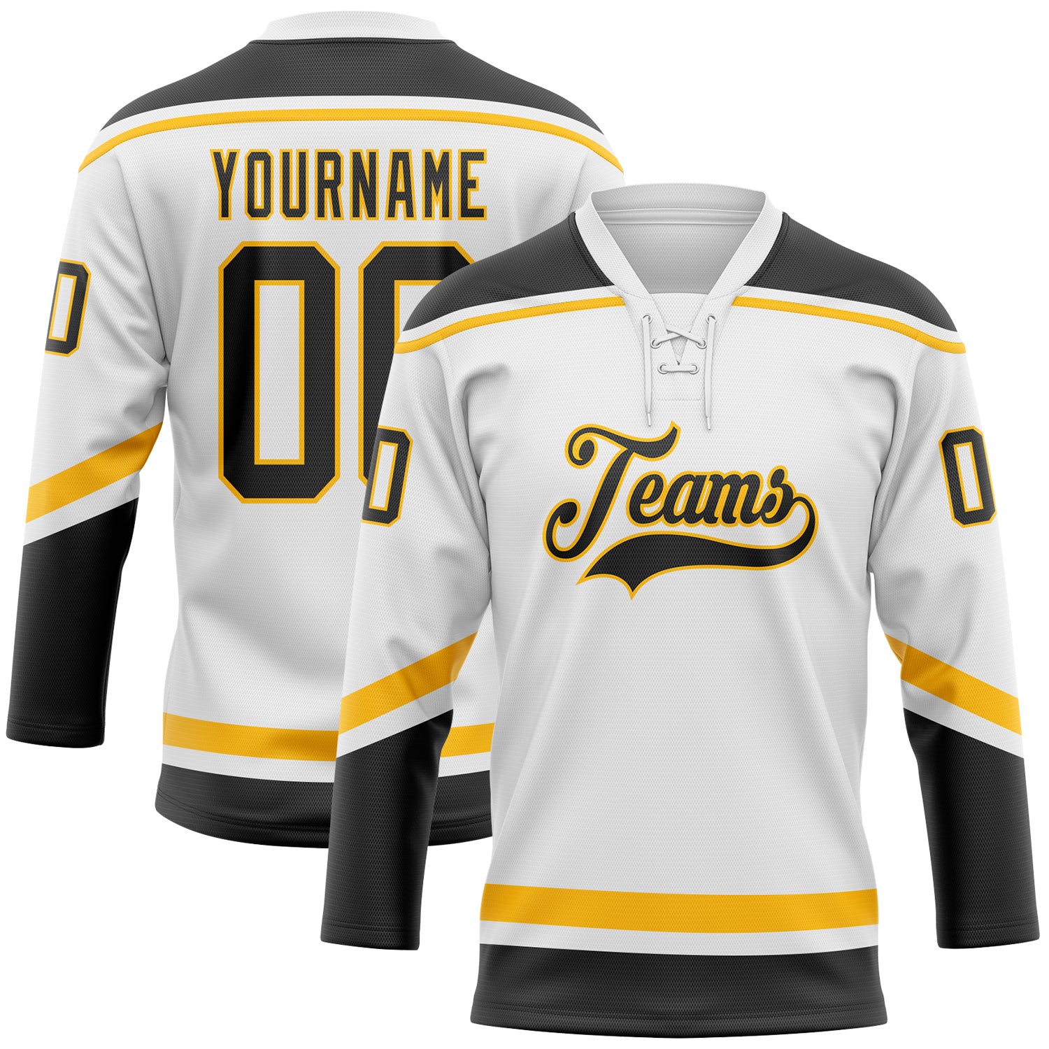 Custom Name and Number Hockey Jersey - Personalized Black Gold Lace Neck Team Shirt, White Color Personalized White Black-Gold