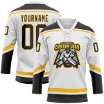 Custom Name and Number Hockey Jersey - Personalized Black Gold Lace Neck Team Shirt, White Color Personalized White Black-Gold