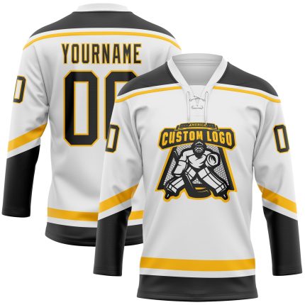 Custom Name and Number Hockey Jersey - Personalized Black Gold Lace Neck Team Shirt, White Color Personalized White Black-Gold