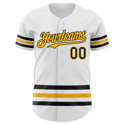 Custom Name & Number Baseball Jersey - Personalized Authentic Black-Gold Line Design in White Personalized White Black-Gold