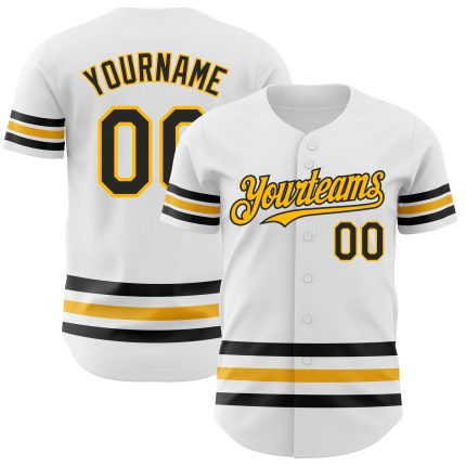 Custom Name & Number Baseball Jersey - Personalized Authentic Black-Gold Line Design in White Personalized White Black-Gold