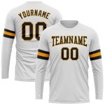 Custom Name and Number Personalized Long Sleeve Performance T-Shirt in White Black-Gold Personalized White Black-Gold Long