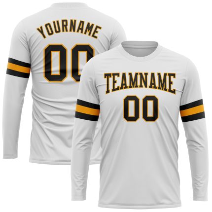 Custom Name and Number Personalized Long Sleeve Performance T-Shirt in White Black-Gold Personalized White Black-Gold Long