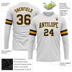 Custom Name and Number Personalized Long Sleeve Performance T-Shirt in White Black-Gold Personalized White Black-Gold Long