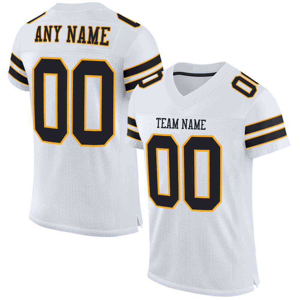 Personalized Authentic Football Jersey Black Gold White Mesh Design Personalized White Black-Gold Mesh Authentic Football