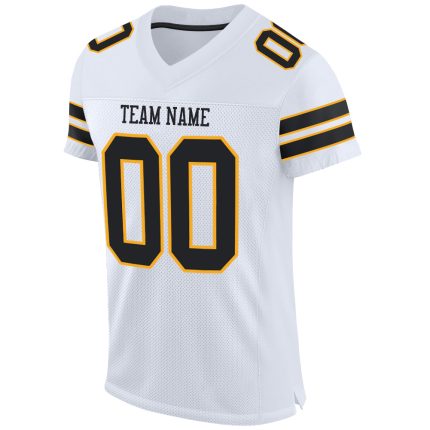 Personalized Authentic Football Jersey Black Gold White Mesh Design Personalized White Black-Gold Mesh Authentic Football