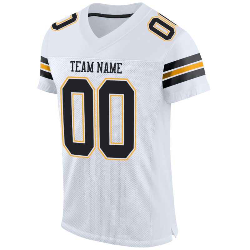 Custom Personalized Authentic Football Jersey with Black-Gold Mesh - Team Name & Number Personalized White Black-Gold Mesh