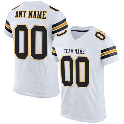 Custom Personalized Authentic Football Jersey with Black-Gold Mesh - Team Name & Number Personalized White Black-Gold Mesh