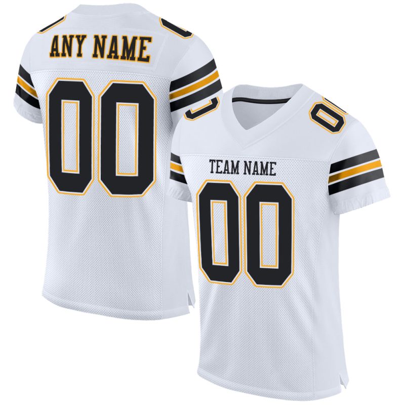 Custom Personalized Authentic Football Jersey with Black-Gold Mesh - Team Name & Number Personalized White Black-Gold Mesh