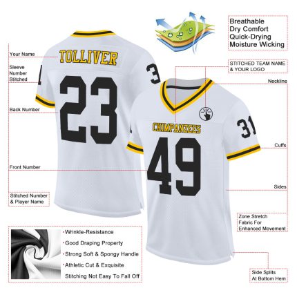 Custom Team Football Jersey with Personalized Name and Number - Authentic Black-Gold Mesh Throwback Personalized White Black-Gold