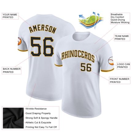 Custom Team Name and Number Performance T-Shirt in Black and Gold - Personalized White T-Shirt Personalized White Black-Gold