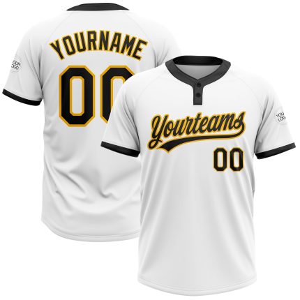 Custom Name Number Unisex Softball Jersey - Personalized Black Gold Two-Button Design Personalized White Black-Gold Two-Button