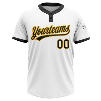Custom Name Number Unisex Softball Jersey - Personalized Black Gold Two-Button Design Personalized White Black-Gold Two-Button
