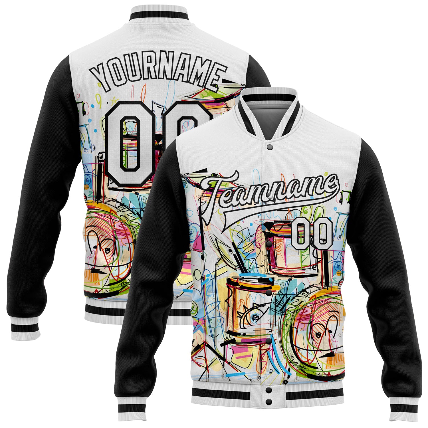 Custom Graffiti Music Festival Bomber Jacket with 3D Pattern - Personalized White and Black Varsity Letterman Jacket with Team Name and