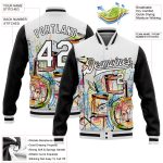 Custom Graffiti Music Festival Bomber Jacket with 3D Pattern - Personalized White and Black Varsity Letterman Jacket with Team Name and